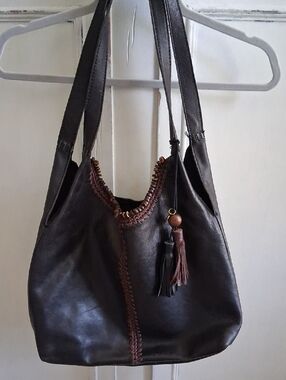 The Sak Dark Brown Leather Shoulder Bag with Tassel Accents